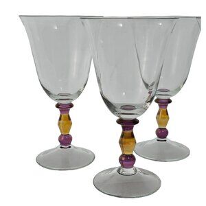 3 Mikasa Kensington Water Glasses 7.75" crystal flared rim amethyst amber stem